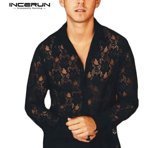 Men Mesh Shirt Lace Lapel Long Sleeve See Through Party Nightclub Shirts Streetwear Breathable Sexy Camisa Masculina INCERUN 5XL