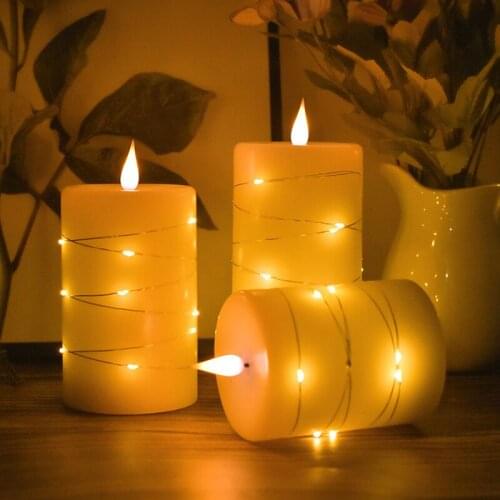 Set of 3 Flickering 3D Wick Battery operated Paraffin Pillar Candle w/Embedded Led String Xmas Wedding Bar Atmosphere Lighting