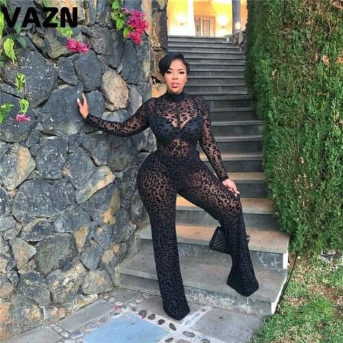VAZN 2020 New Plus Size Black Open Lace See Through Elegant Turtleneck Full Sleeve High Waist Women Slim Wide Leg Jumpsuits