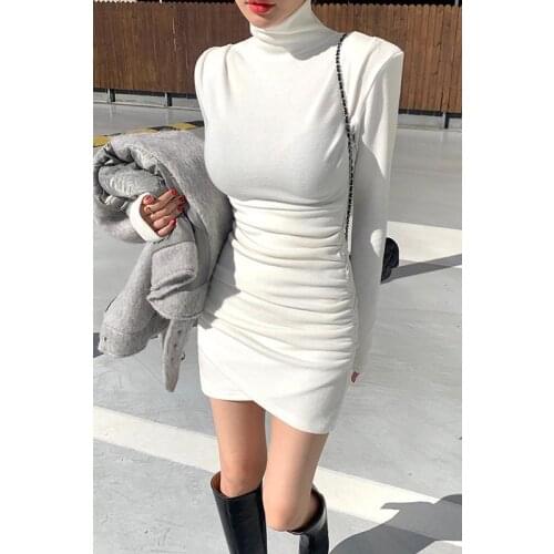 French womens 2021 new tight-fitting slim sexy pleated high-neck hip skirt dress trend