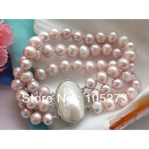 New Arriver Pearl Jewelry 3Rows 9-10mm Lavender Round Freshwater Cultured Pearl Bracelet Fashion Ladys Party Wedding Style