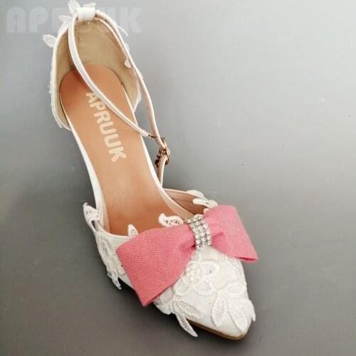 PINK BOW pumps shoes woman sweet designer lace butterfly-knot bow pattern 10CM thin high heels point toes bridal brides shoe