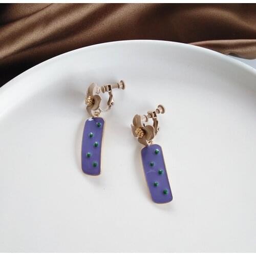 Korean Style Enamel Purple Flower Clip on Earrings No Piercing Women Metal Geometric Rectangle Square Clip Earrings No Hole