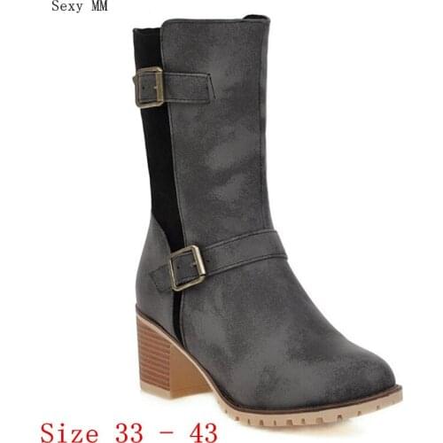 Spring Autumn Thick High Heel Women Mid Calf Boots Shoes Woman Short Boots Small Plus Size 33 - 43