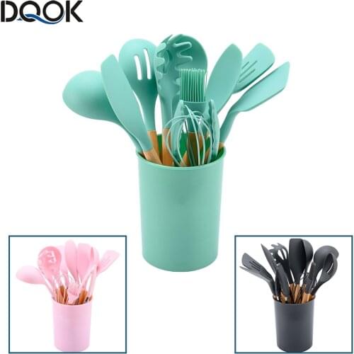 Silicone Kitchenware Cooking Utensils Set Non-stick Cookware Spatula Shovel Egg Beaters Wooden Handle Kitchen Cooking Tool Set