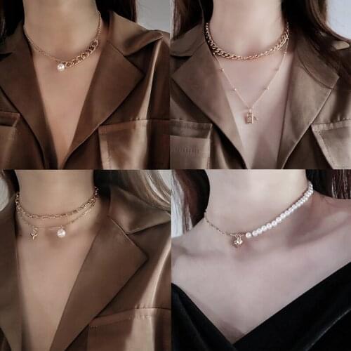Light Luxury Retro INS Simple Necklace Double Imitation Pearl Trendy Female Necklace Choker Clavicle Chain Necklace