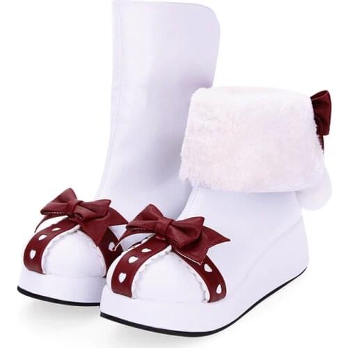 Angelic imprint Princess Lolita style Wedge Heel Bowknot Platform shoes Sweet Lovely Plush Mid-Calf Boots Size 35-46 911