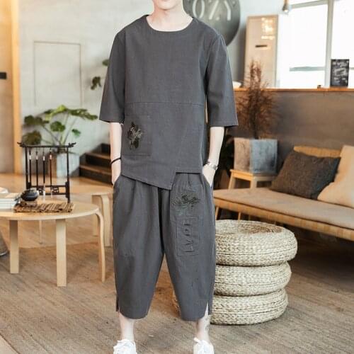 Japanese Kimono Embroidered Mens wear Pants Short-sleeved T-shirt Suits Men Japan Printed Shorts Cardigan Harajuku Clothes Sets
