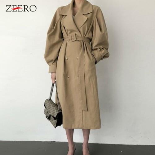 Autumn 2019 Women Windbreaker Trench Coat Lantern Sleeve Belt Double Breated Oversize Long Coat Lady Streetwear Korean Outwear