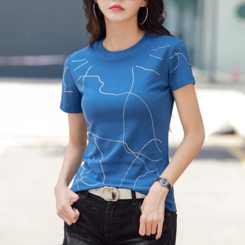 Diamonds Womens Slim Basic Tee T Shirt Short Sleeve Solid O Neck Top Summer korean Fashion Clothes Soft Cotton Tee Shirt Femme