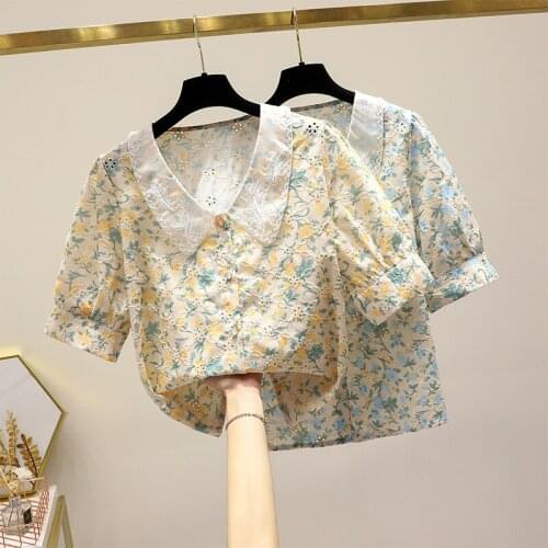 Lace Embroidery Floral Women Shirts Summer New Sweet Style Turn-Down Collar Short-Sleeved Elegant Female Clothing Top Quality