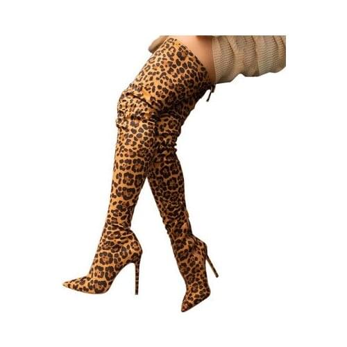 Leopard grain Serpentine Long Boots Women Stiletto High Heel Pointed Toe Sexy club Shoes Thigh High Over-the-Knee Boots