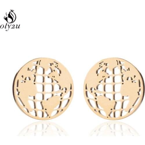 Oly2u Gold Origami Stainless Steel Stud Earrings Punk Circle Globe World Map Earings Women Handmade Travel Jewelry bijoux