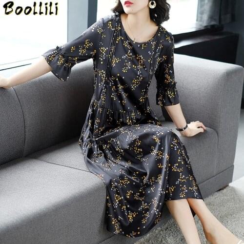 Boollili Real Silk Dress for Women Print Beach Dresses Fashion Midi Women Summer Dress Fashion Elegant Vintage Vestido Mujer