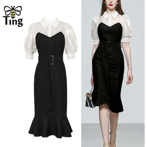 Tingfly Runway Vintage Office Style Lady Midi Long Mermaid Dress Summer Hit Color Puff Sleeve Black Dress Trendy Women Clothes