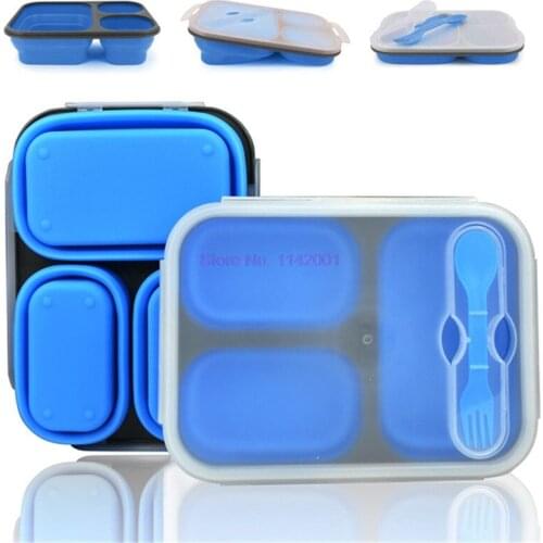 10pcs 1100ml 3 Cells Silicone Foldable Lunch Box Kitchen Collapsible Portable Bento Box Food Storage Container Eco-Friendly box