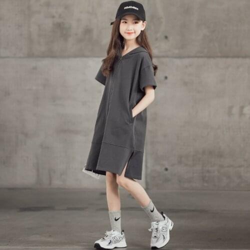 2021 Summer Dress Zipper Hooded Girl Dress Kids Clothes Cotton Kids Children Dresses for Girls 6 8 10 12 14 16 Years Old