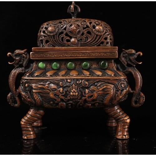 6"Chinese temple collection Old Bronze mosaic Gem Elephant foot incense burner Dragon statue Square Incense Ornaments Town House
