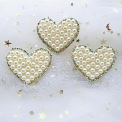 6PCS Heart Shaped Padded Rhinestone & Pearl Applique for DIY Clothes Hat Shoes Sewing Patches Headwear Hair Clips Bow Decor