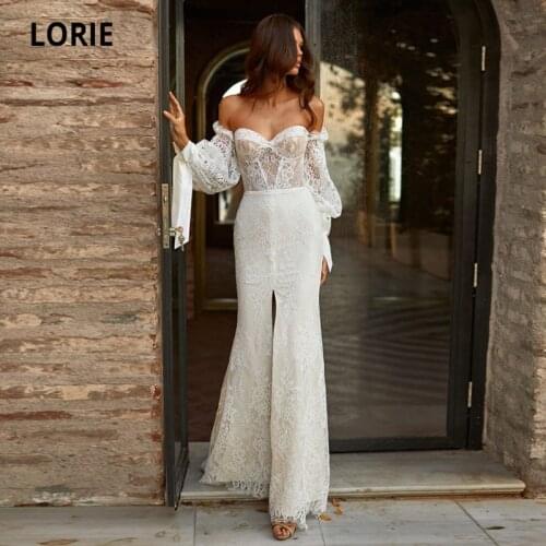 LORIE Bohemian Wedding Dresses off the Shoulder Long Puff Sleeves Mermaid Lace Wedding Gown Front Split Corset Bridal Dress