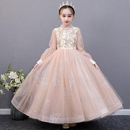 Flower Girl Dresses Illusion Full Embroidery Beading O-Neck Sequined Princess Floor-Length Tulle Lace Lovely Kid Party Gown H264