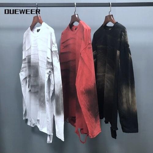 Dueweer Mens Women T-Shirts Kanye West Vintage Tie Dye Long Sleeve Hip Hop Hole Oversized Top Tee Streetwear