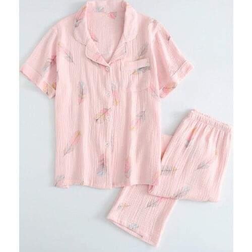 227 Summer 2PCS Women Pijama Casual Night Clothes Cotton Printed Pyjamas Feather Sleepwear Home Wear Pajama Pant Femme Plus Size