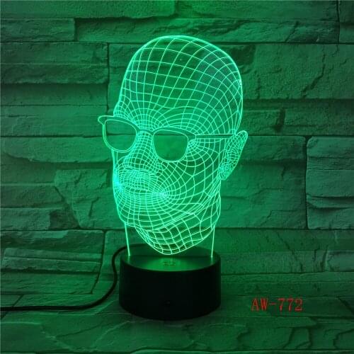 Novelty Glass Skull 3D LED Light Desk Table Lamp Halloween Decoration Gift Kid Holiday USB 7 Colors Change Office Light AW-772