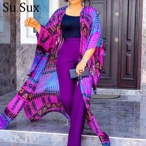 Chiffon Pant Suits 3 Piece Sets Womens Outfits Holiday Beach Print Long Coat Top and Black Vest Long Pants Suit African Clothes
