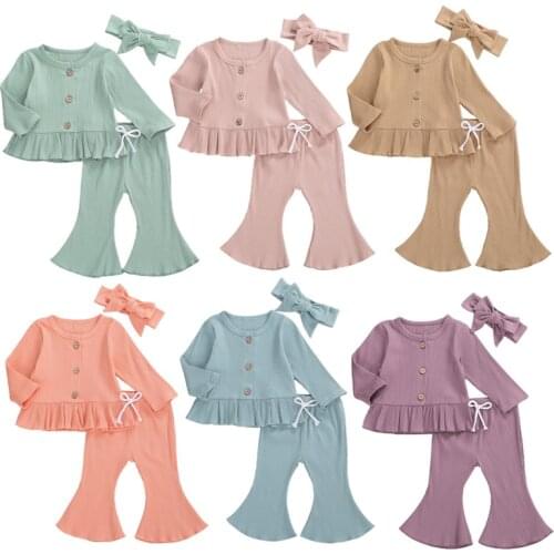 Baby Toddler Girls 3 Pcs Knit Outfits Long Sleeve Buttons Round Neck Ruffle Top + Long Flared Pant + Headband