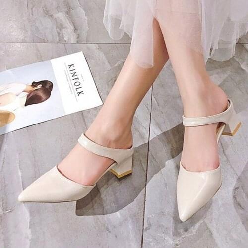 Large Size 35-42 Summer Shoes Women Slippers Pointed Toe Mid Heels Dress Shoes Pumps Square Heeled Slides zapatos mujer 9132L