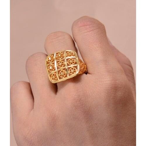 Wando Ethiopian Grid Gold Color Ring for Women Trendy African Arab Ring Middle East Jewelry Charm Party Wedding Gift