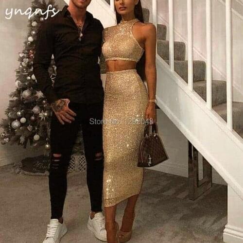YNQNFS E45 Elegant Tea Length Sequin Party Gown Two Piece Gold Evening Dress Short 2019