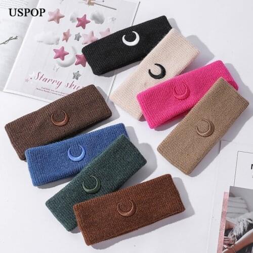 Women Headband Solid color Moon Embroidery Elastic Headband