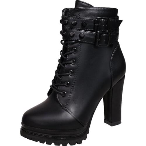 Women Motorcycle Boots New Female Fashion Womans 11cm High Heel Mature Boots Flat Vintage Buckle Casual Lady Boots