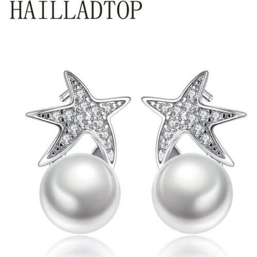 Womens Jewelry Fashion Elegant Stud Earrings Silver Plated Wedding Engagement Party Jewelry Starfish Imitation Pearl Earrings