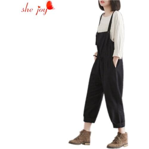 M-XXXL Real Photo Fashion Harm Women Pants Plus Size Ladies Jumpsuit Overalls Linen Loose Rompers Black Cotton Trousers