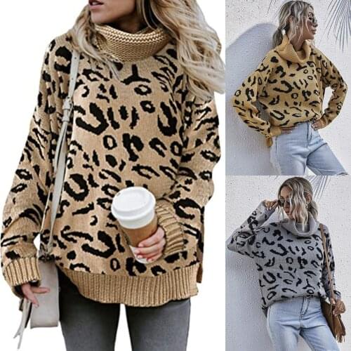 Womens Sweater Knitted Sweaters Fashion Oversized Pullovers Casual Split Knits Leopard Print Ladies Winter Loose Warm Sweater