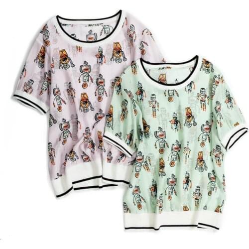 100%silk spliced women summer fashion sweat cartoon printed t-shirt short sleeve pink 2color one&over size