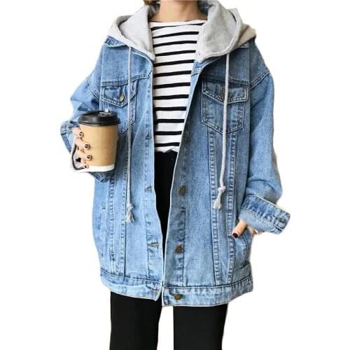 110kg Plus Size Women Denim Jacket Spring Autumn New Removable Hooded Basic Outerwear Womens Casual Bomber Overcoat Trench Coat