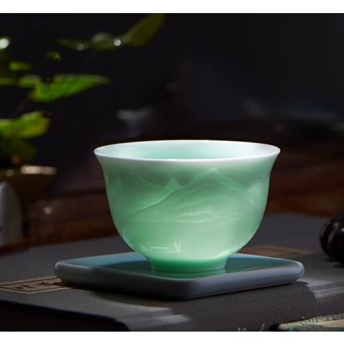 2 pcs/lot Retro Celadon Teacup Handmade Tea Bowl Ceramic Coffee cup Chinese Porcelain Tea set Accessories Single Cup Drinkware