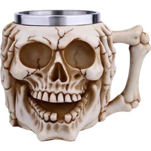 1Pc 3D Stereo Stainless Steel Skull Mug Creative Stainless Steel Resin Skull Ghost Mug Halloween Gift Stainless Steel Beer Mug