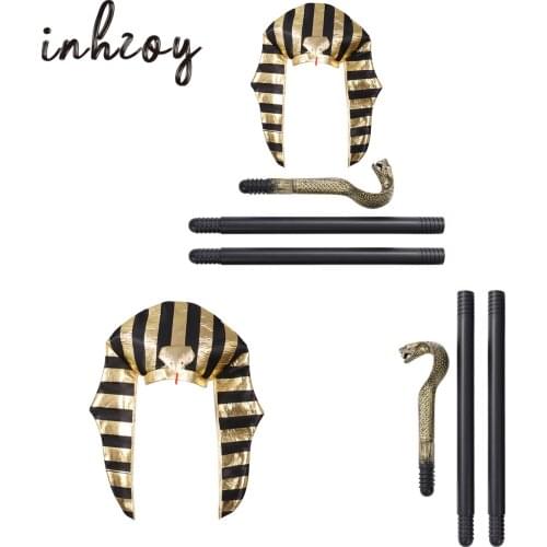 Egyptian Costume Accessories Include Pharaoh Hat Snake King Cane Halloween Cosplay Egypt Clothing Golden