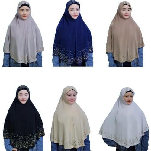 Arab Muslim Women Prayer Hijab Scarf Islamic Overhead One Piece Amira Khimar Rhinestone Head Wrap Niquab Full Cover Bandanas New