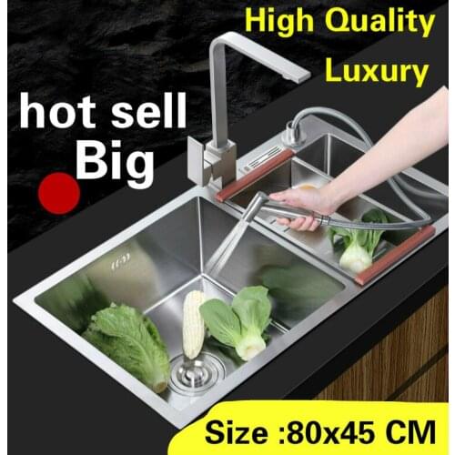 Free shipping Home big kitchen manual sink double groove wash vegetables high quality 304 stainless steel hot sell 800x450 MM