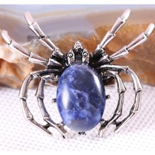 Spider Brooch Natural Stone Blue Sodalite CAB Cabochon Bead Pendant for Men Women DIY Jewelry Making 1Pcs K706