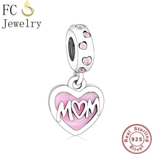 FC Jewelry Fit Original Brand Charm Bracelet Real 925 Silver Love Heart Pink Enamel Bead Pendant For Making Mom Berloque 2020
