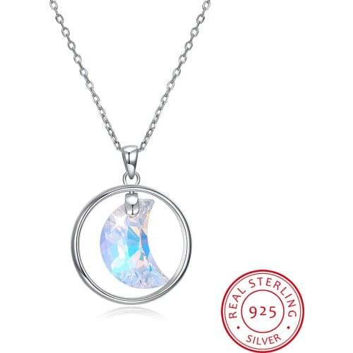 LEKANI Crystals Moon Circle Pendant Necklaces Real S925 Silver Chain Collares Fine Jewelry For Women Gift