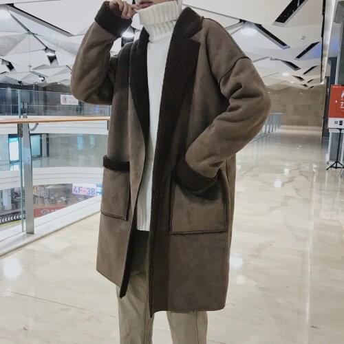 Autumn Winter Mens Suede Overcoat Lapel Cashmere Liner Thick Warm Long Coats Beige Coffee Mens Winter Coat K088