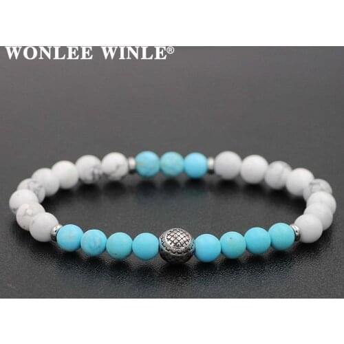 6mm Natural Stone Beaded Stretch Bracelets for Men&Women Stainless Steel Round Ball Charms Strand Bangles